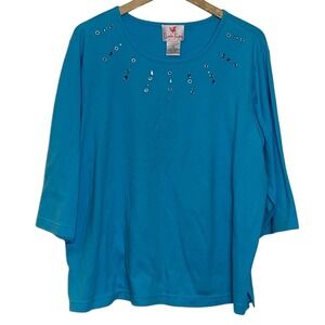 NWT Quacker Factory bright teal blue grommet rhinestone embellished blouse 2X